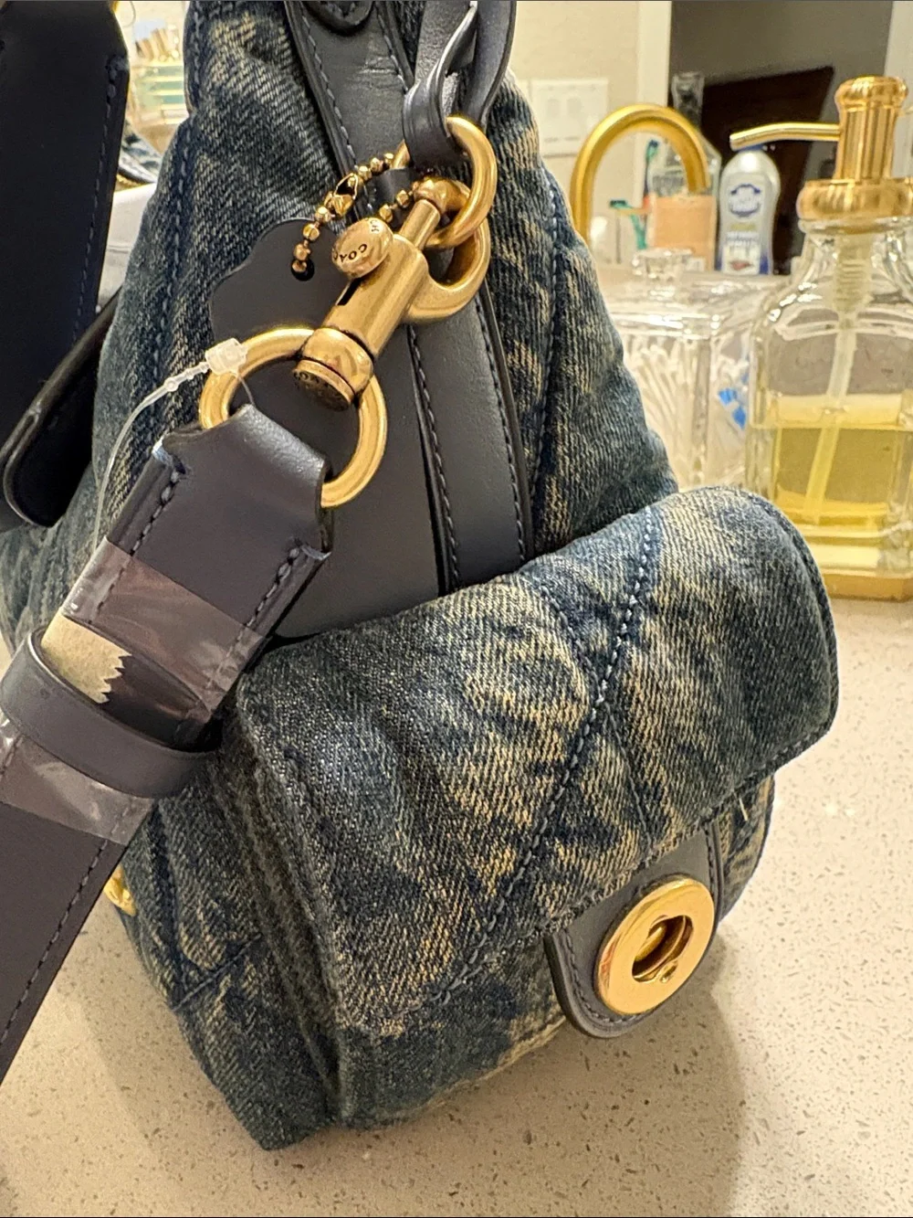 Coach Quilted Denim Shoulder Bag with Gold Hardware